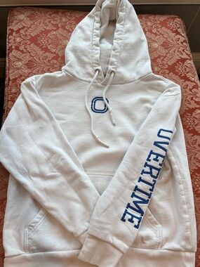 Overtime White Hoodie Sweatshirt with Blue Sleeve Logo